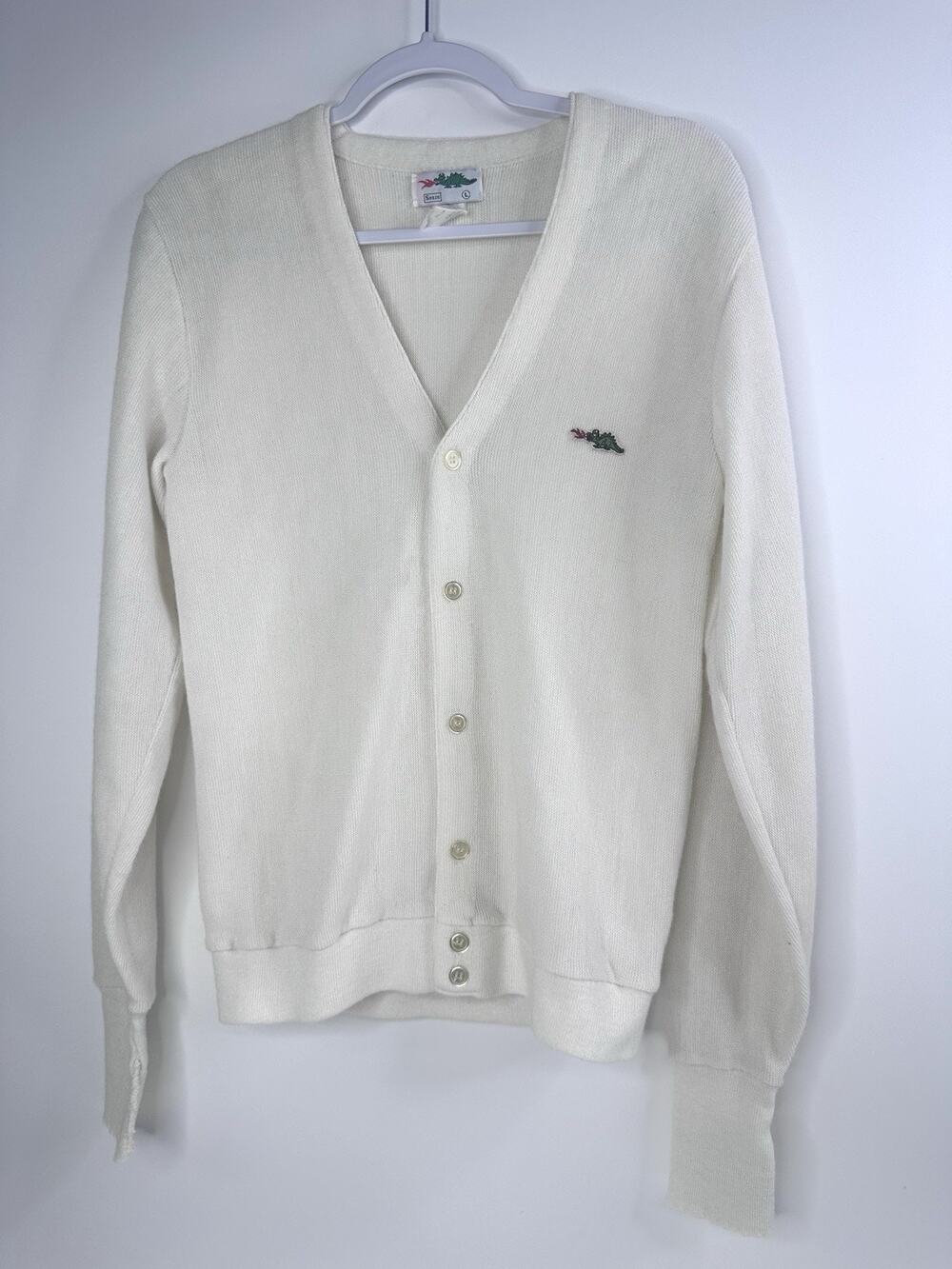 VTG Sears Cardigan Sweater Large Dragon Aplique Orlon Acrylic Preppy Old Money
